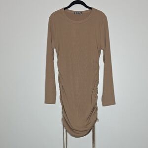 Chic Tan Ruched Midi Dress